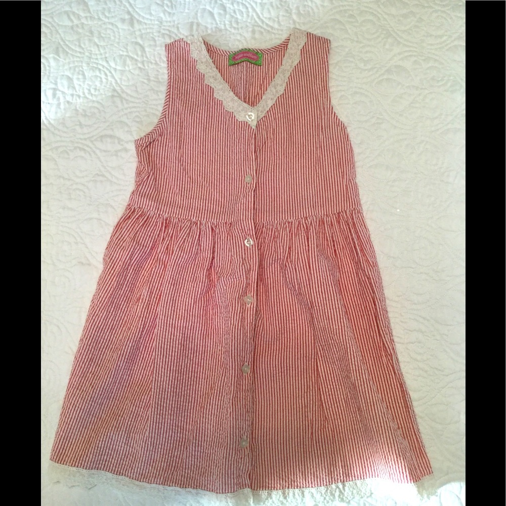 Girls Red and White Sleeveless Seersucker Dress